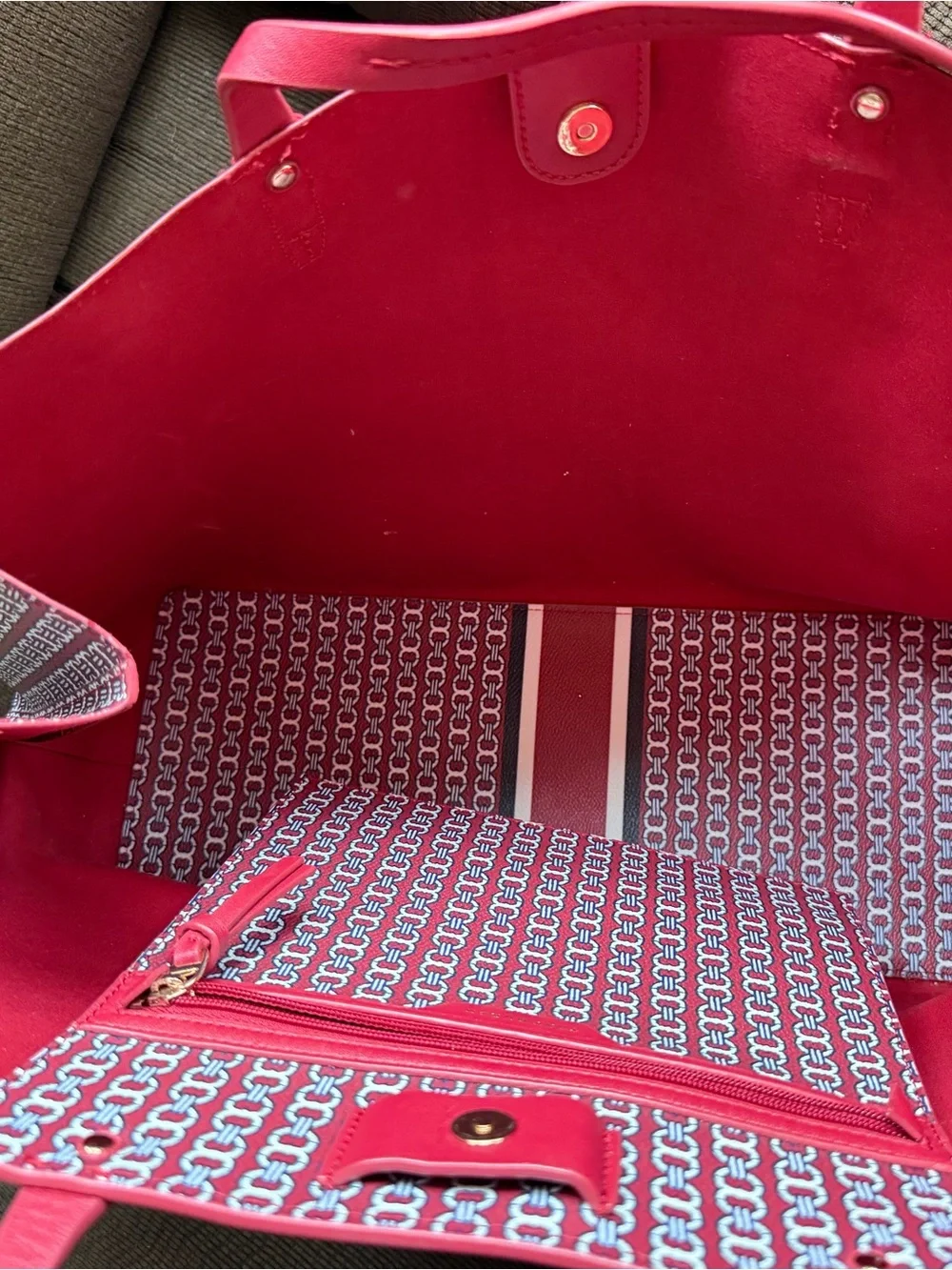 Tory Burch Red Patterned Tote with Center Stripe Accent